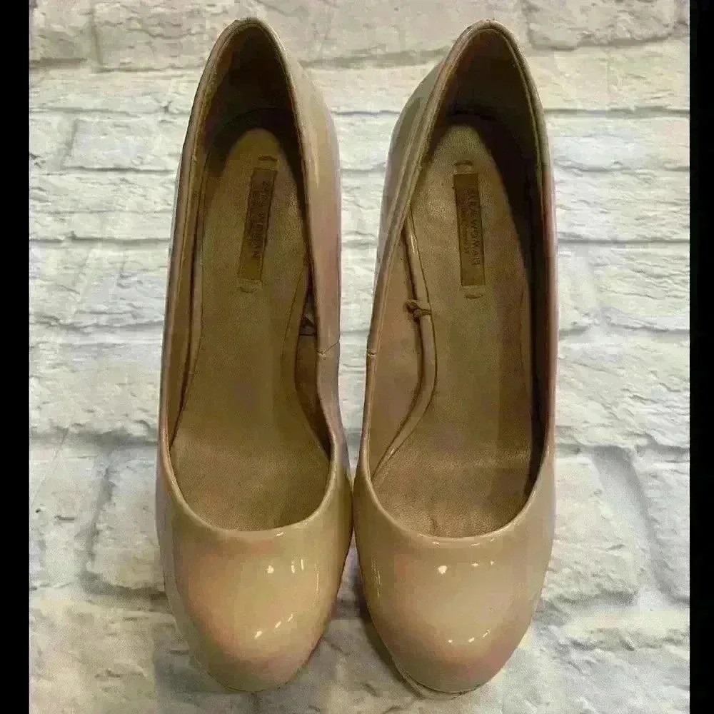 Zara Woman Nude Patent Leather Cork Platform Stiletto Pumps Heels 5.5 Inch Heel